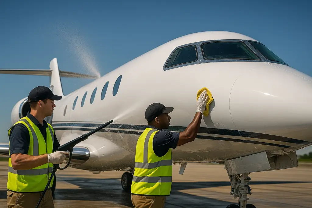 A jet being washed in the sun