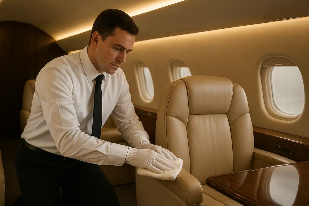 Seats being cleaned in a jet cabin