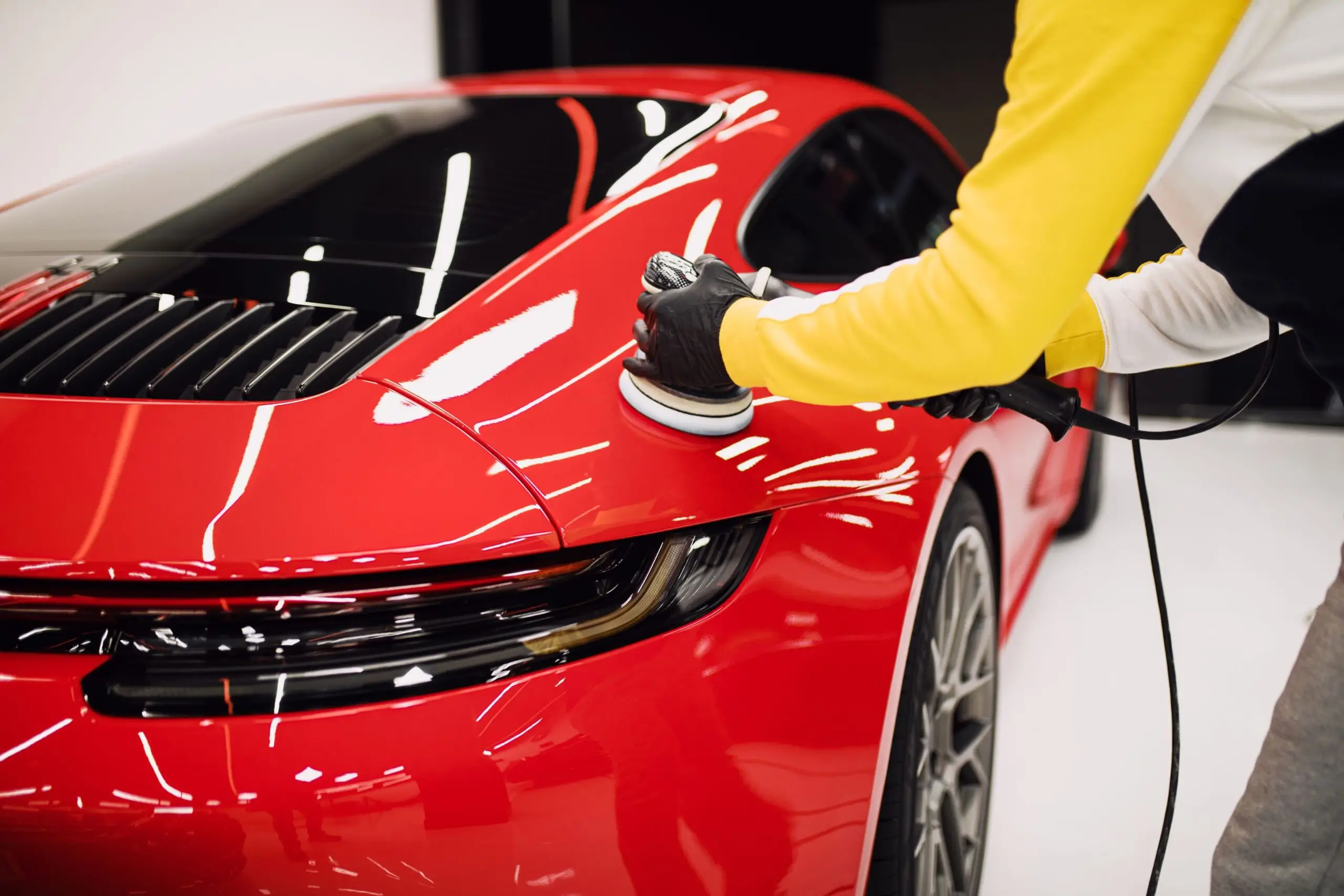 Detailer using a machine polisher on the rear quarter panel of a red sports car under bright studio lighting.