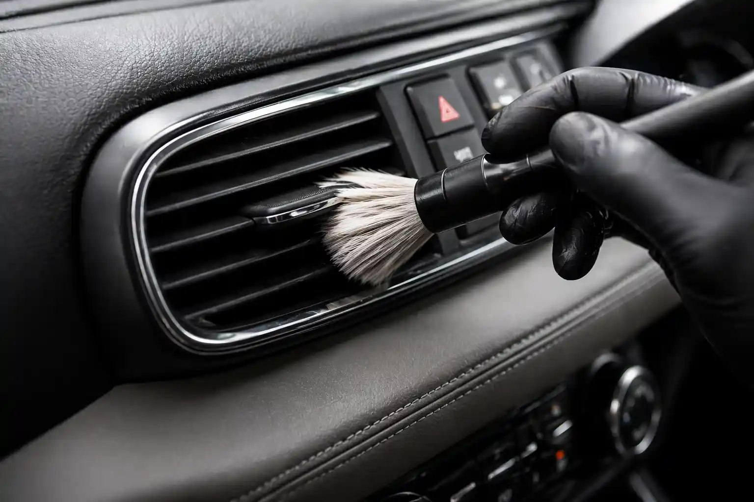 car interior detailing close up cleaning air vents and dashboard London
