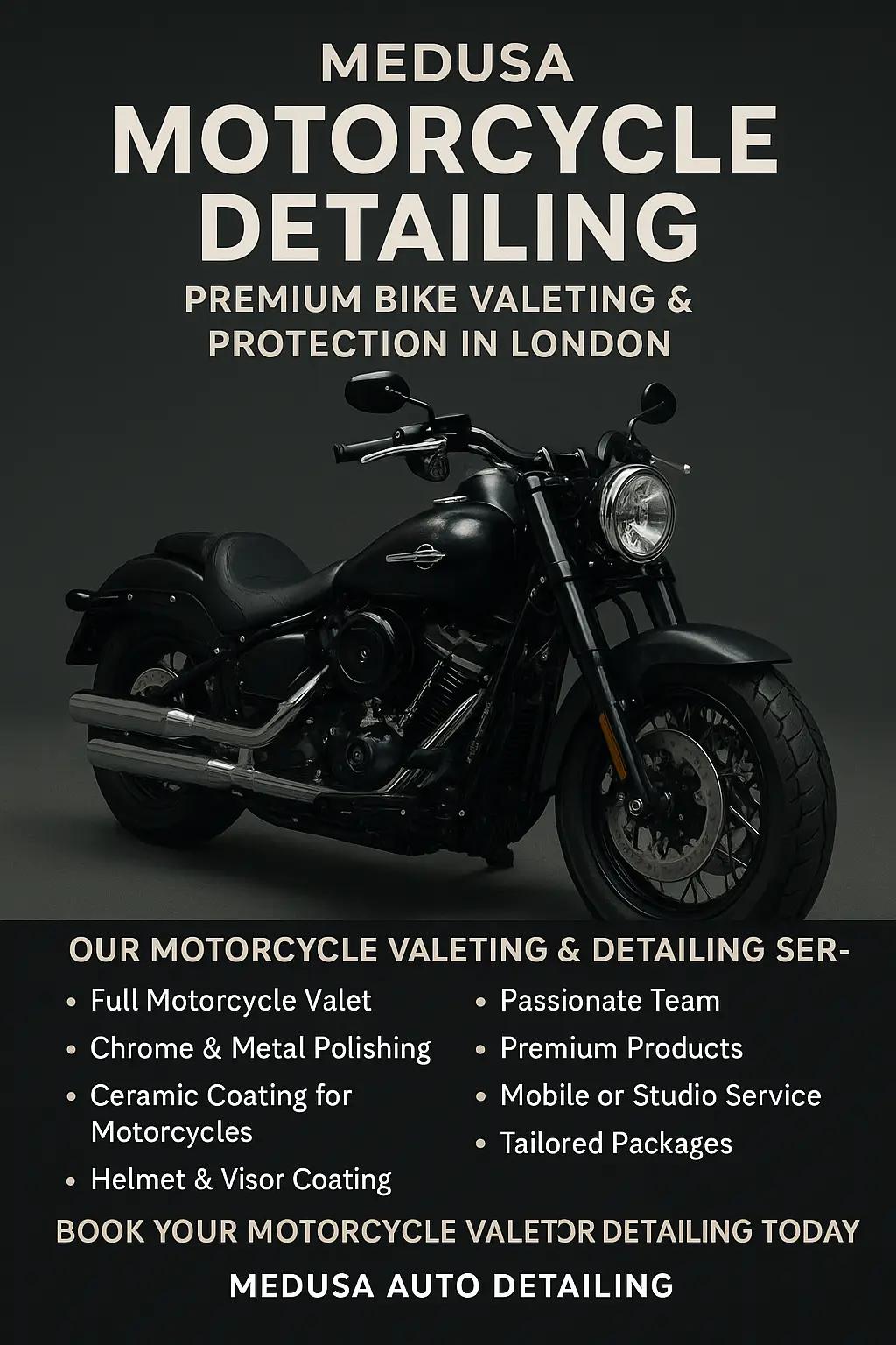 Premium motorcycle detailing and valeting in London by Medusa Auto Detailing – chrome polishing, ceramic coating, PPF, and helmet protection.